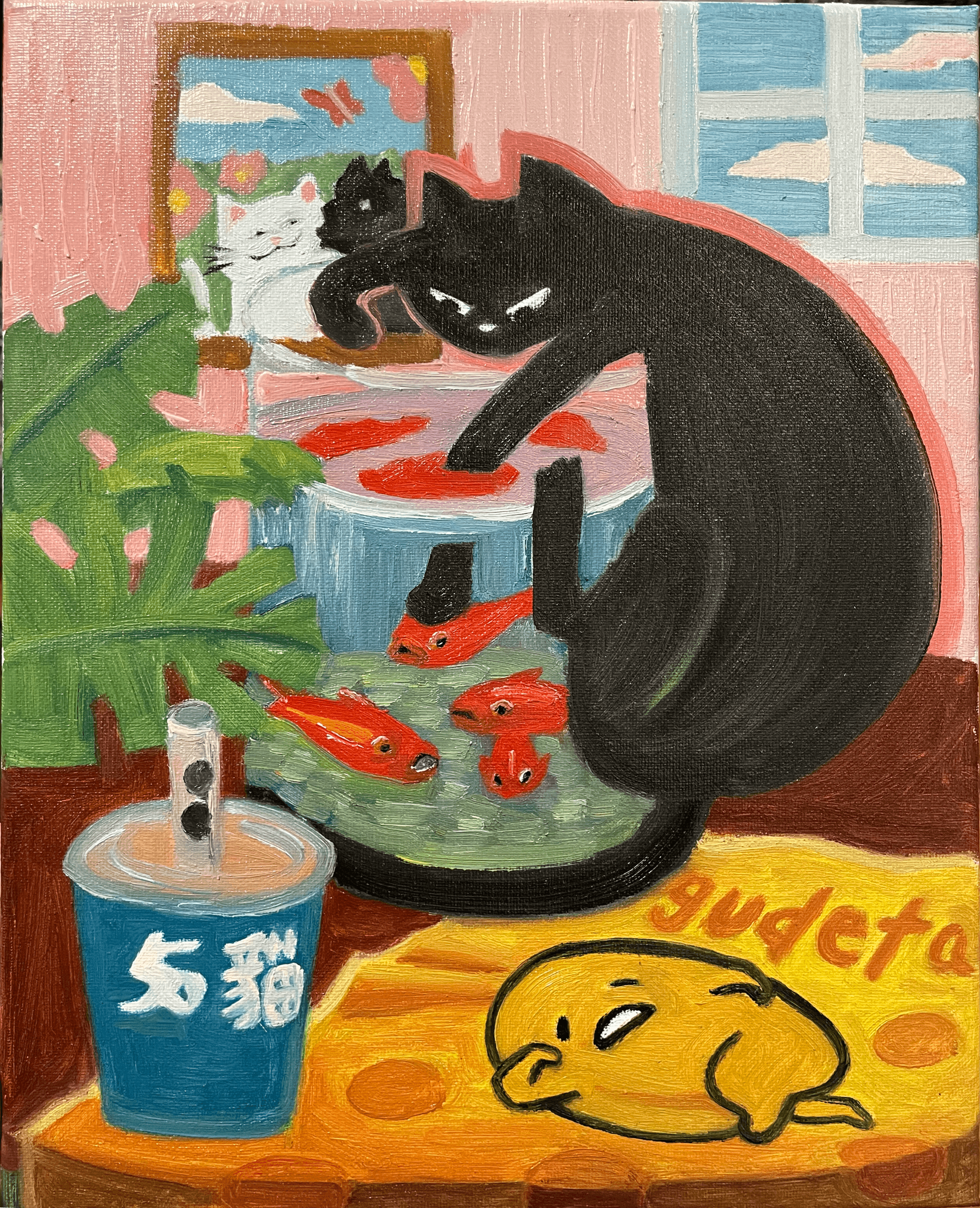 playful cat in oil