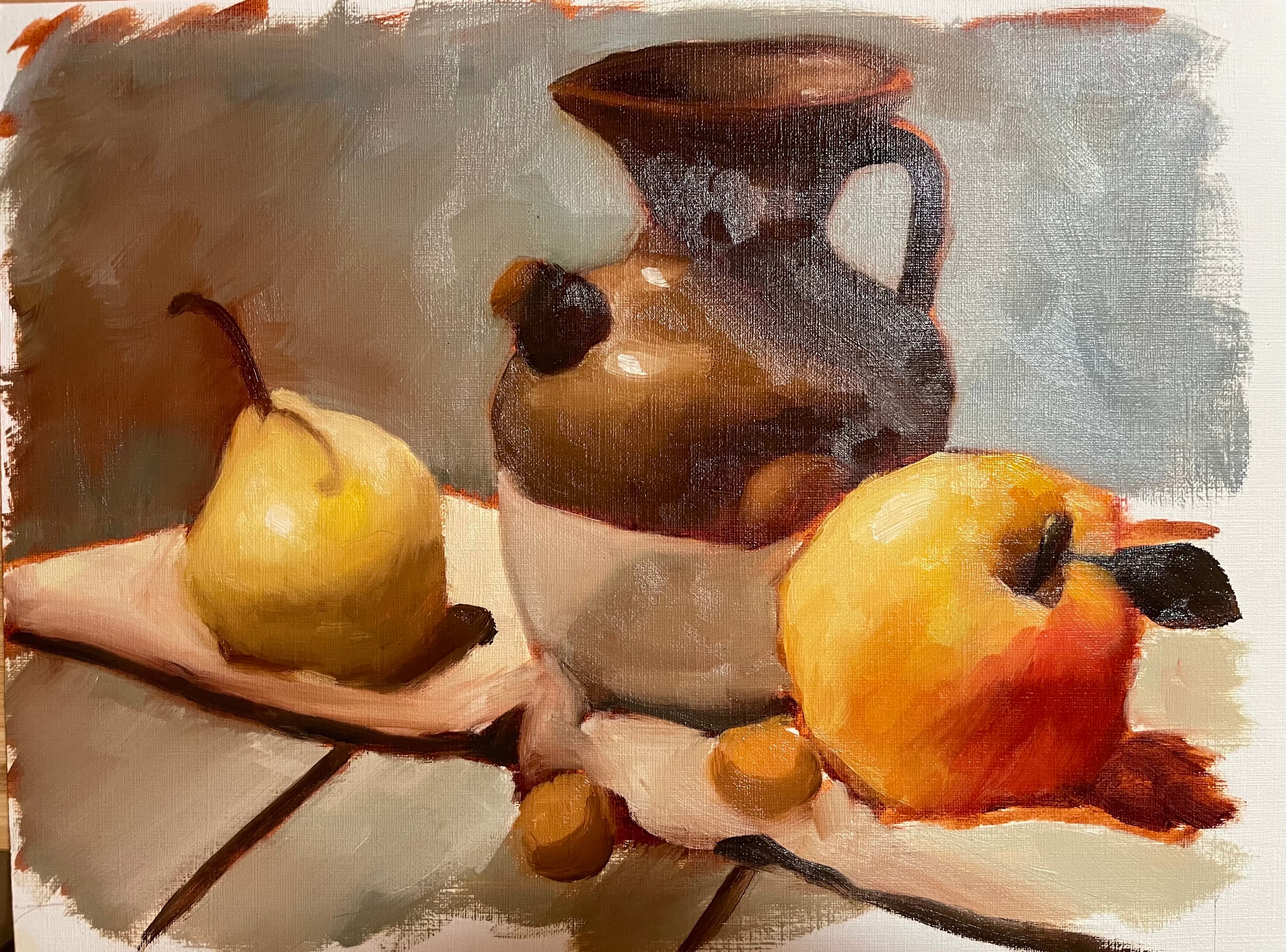 Still life: Vase, Pear, Apple